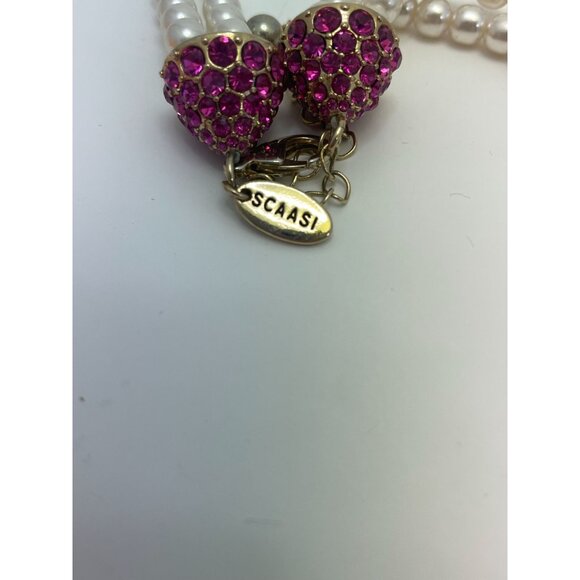 Signed Scaasi Double Strand Faux Pearl Adjustable Necklace w/ Pink Rhinestones - Picture 4 of 4